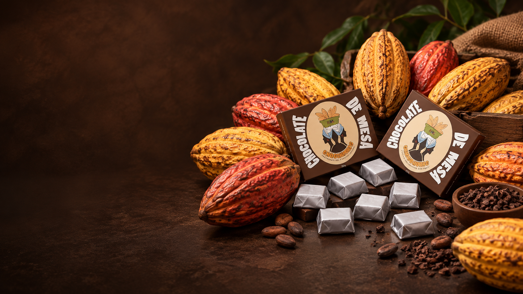 Barras de chocolate de mesa Chocomueic junto a mazorcas de cacao del Pacífico