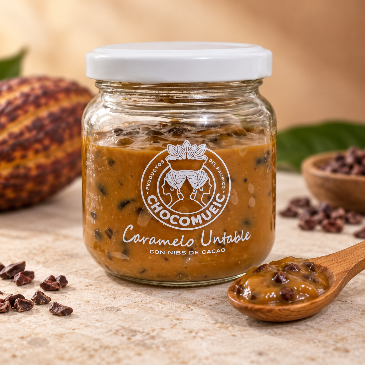 Spreadable caramel with cacao nibs
