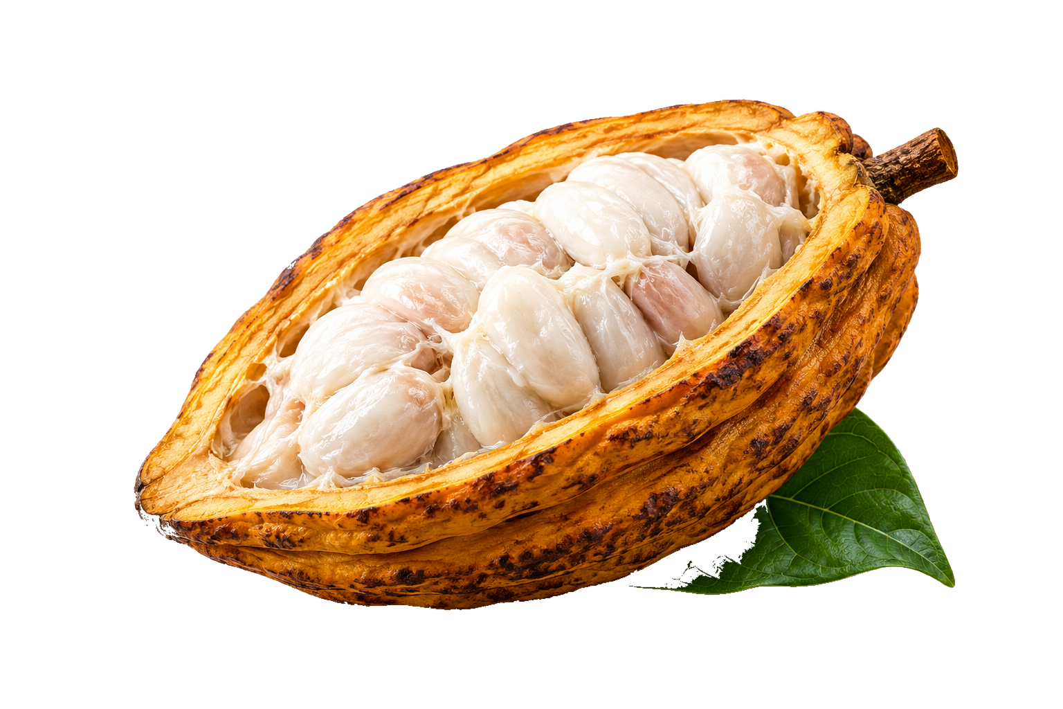 Mazorca de cacao abierta mostrando las pepas del Pacífico colombiano