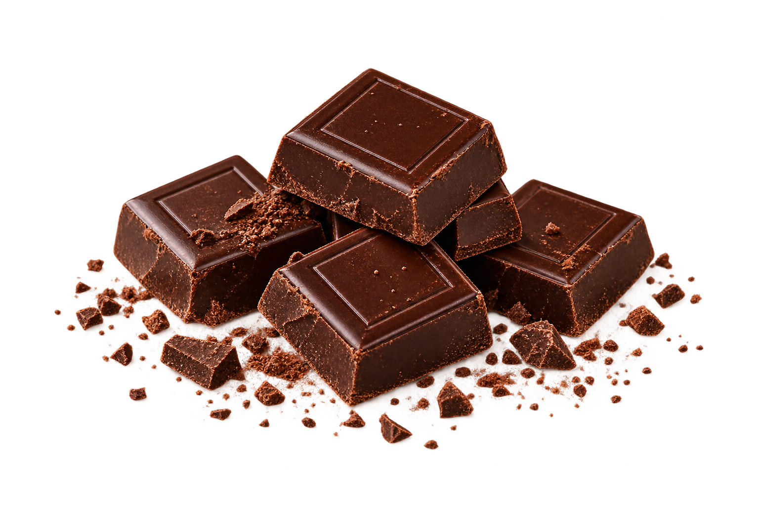 Cuadros de chocolate oscuro de mesa con virutas de cacao